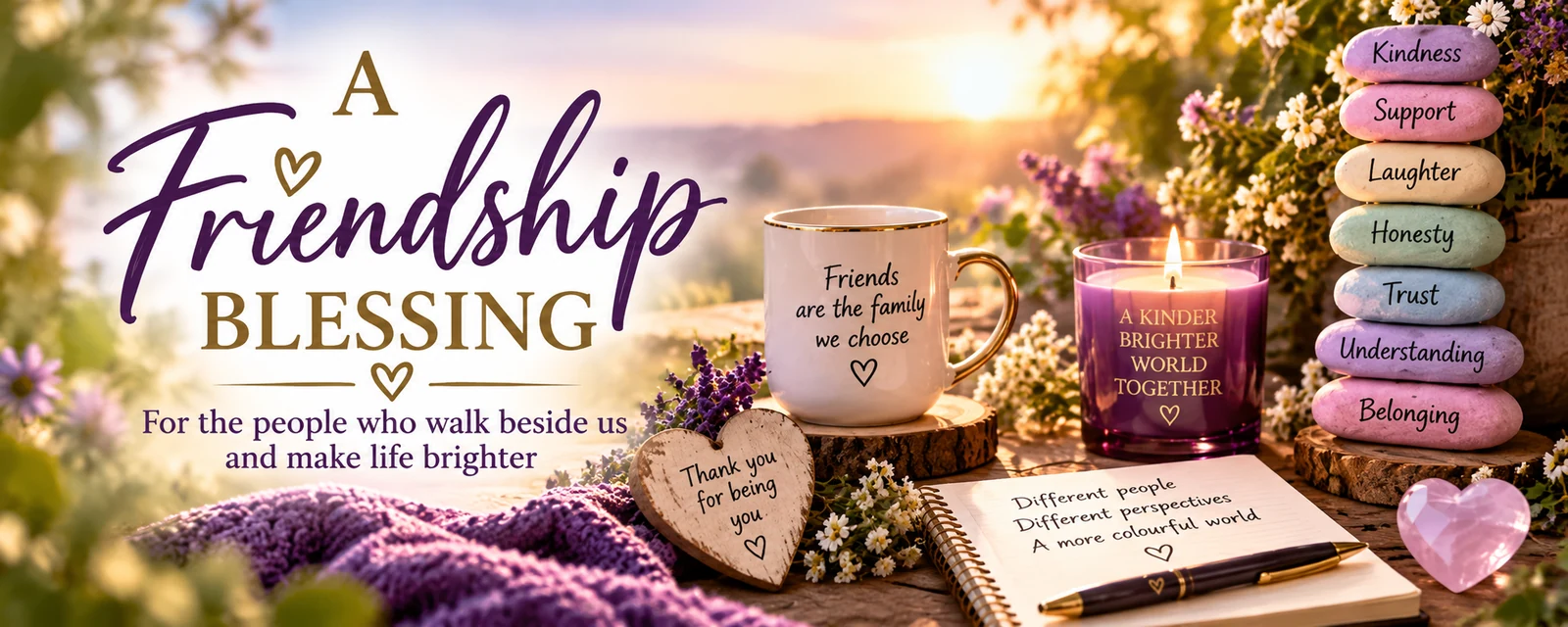 A Friendship Blessing with flowers, a candle and messages representing kindness, support, trust, understanding and belonging.