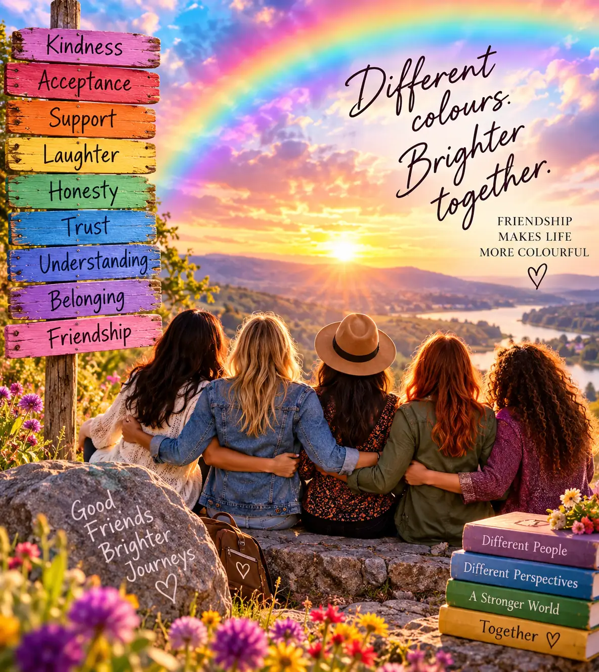Five friends sitting together beneath a rainbow at sunset, representing friendship, kindness, acceptance, trust and belonging.