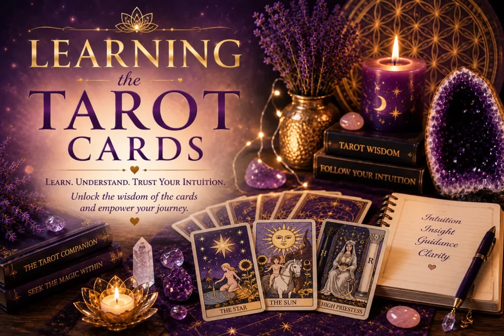 Learning the Tarot Cards course featuring Tarot cards, crystals, candles and a spiritual journal, designed to help beginners develop intuition and master Tarot reading.