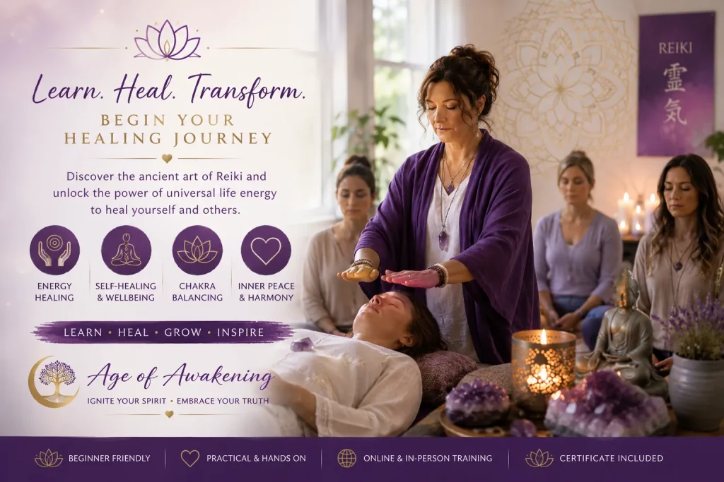 Reiki Level 1 Training image with crystals, candlelight, Reiki symbols and wellness journal promoting Reiki healing and spiritual developments