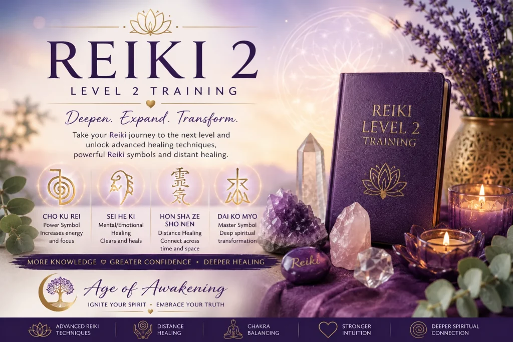 Reiki Level 2 Course illustration featuring traditional Reiki symbols, healing crystals, candles and energy healing tools, representing advanced Reiki training, distance healing and spiritual development at Age of Awakening.