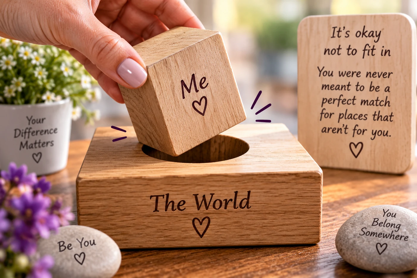 A hand trying to fit a square wooden peg into a round hole, symbolising feeling different, not fitting in and learning self-acceptance.