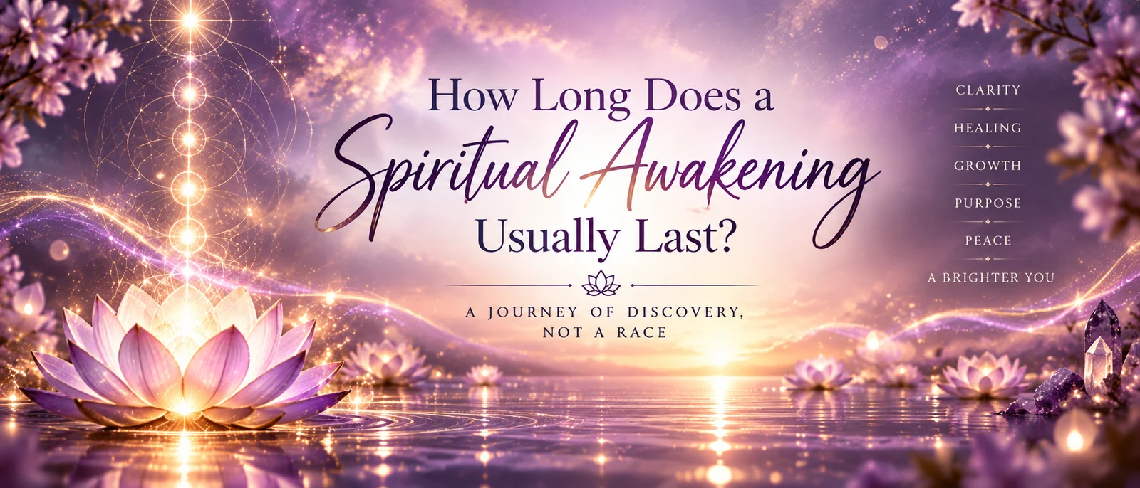 Spiritual awakening journey with glowing lotus, purple and golden light
