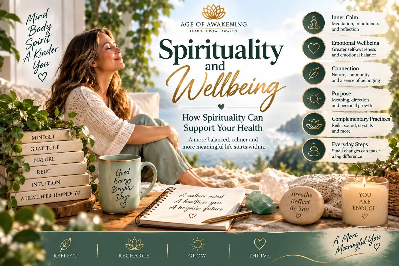 Spirituality and wellbeing with meditation, nature, Reiki and mindful self-care practices