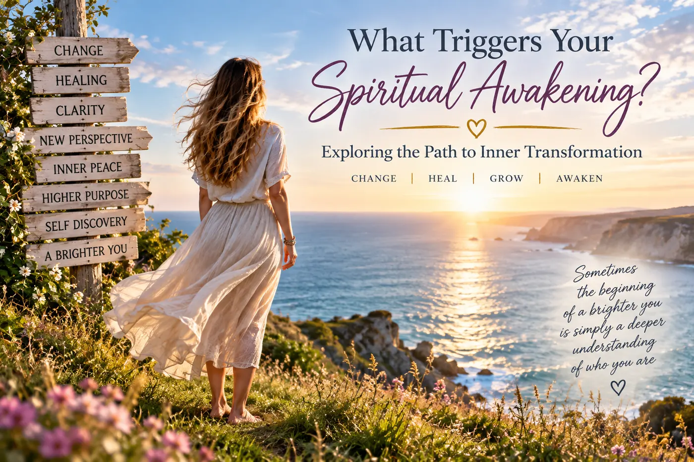 Barefoot woman looking out to sea during a spiritual awakening and period of inner transformation