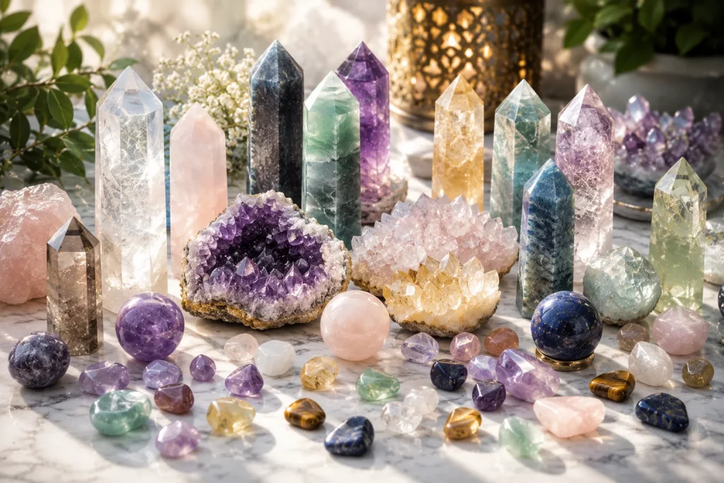 Collection of healing crystals including crystal towers, polished stones, crystal clusters and geodes used for crystal healing, chakra balancing and energy healing