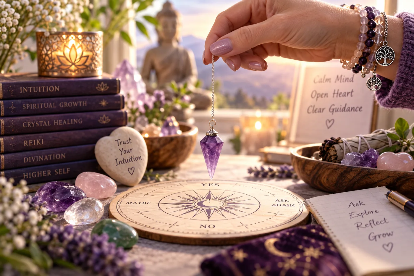 Amethyst pendulum above a divination board for choosing and using a pendulum