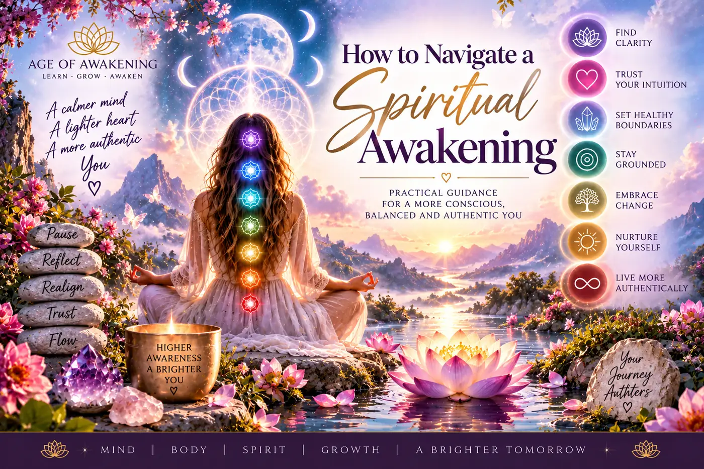 Woman meditating with chakras, crystals and lotus flowers while navigating a spiritual awakening