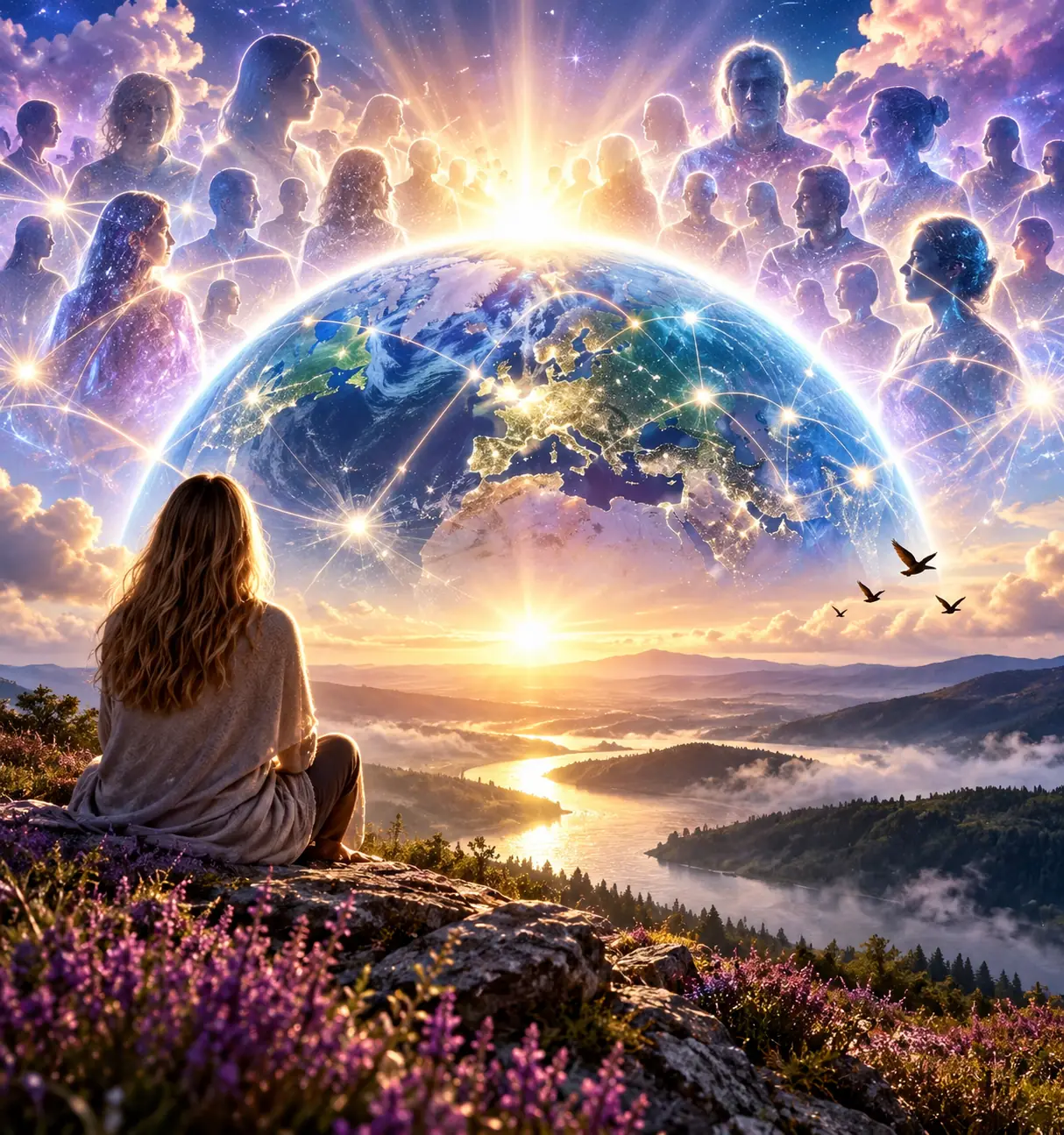Mass awakening and collective consciousness represented by people connected around the Earth