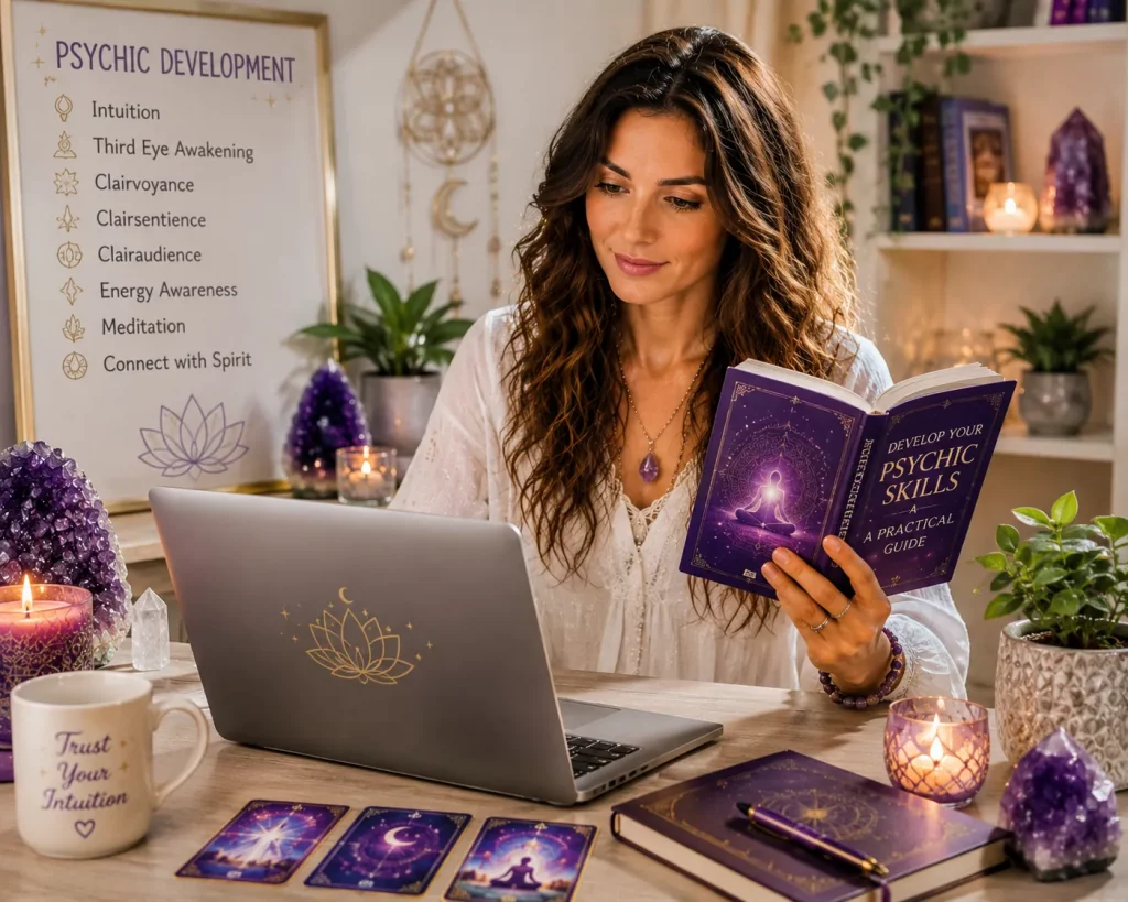 Woman studying an online Psychic Development Course using a laptop while learning intuition, psychic abilities and spiritual awareness.