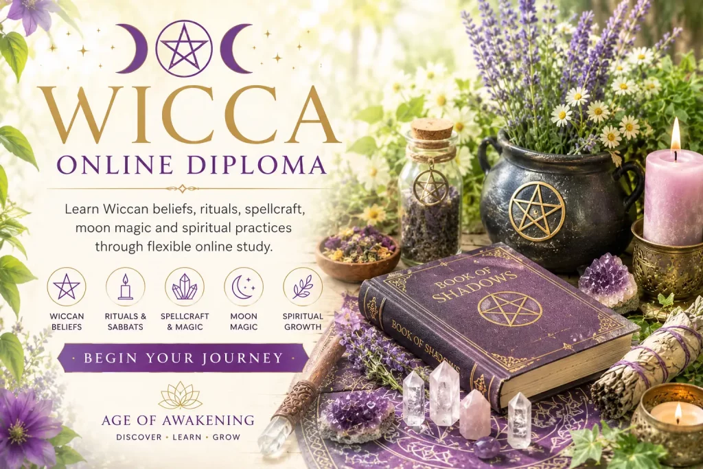 Online Wicca Diploma banner featuring Wiccan altar with Book of Shadows, crystals, herbs, candles and spellcraft tools for spiritual learning.
