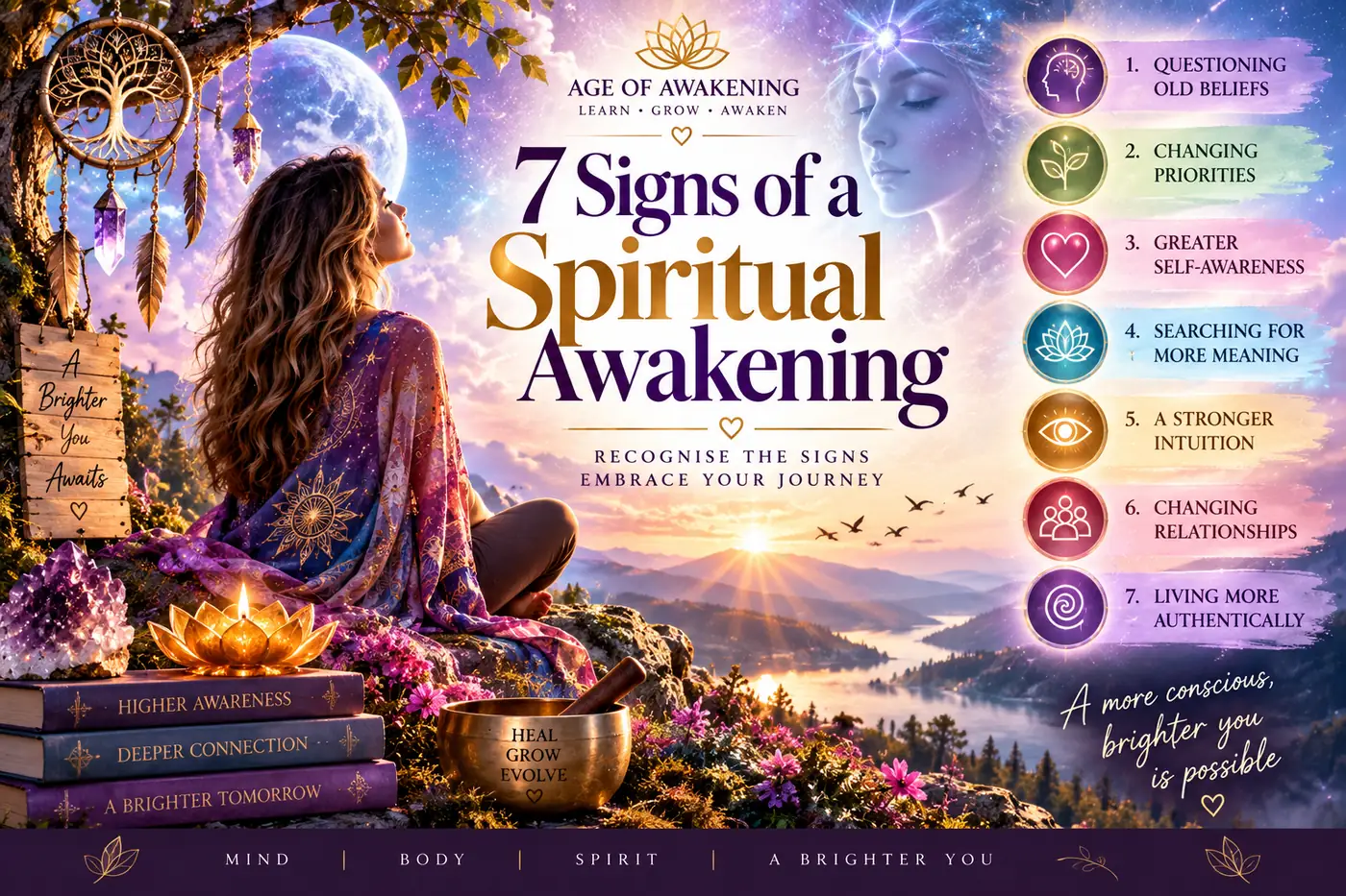 Seven signs of a spiritual awakening including self-awareness, intuition, changing priorities and authentic living