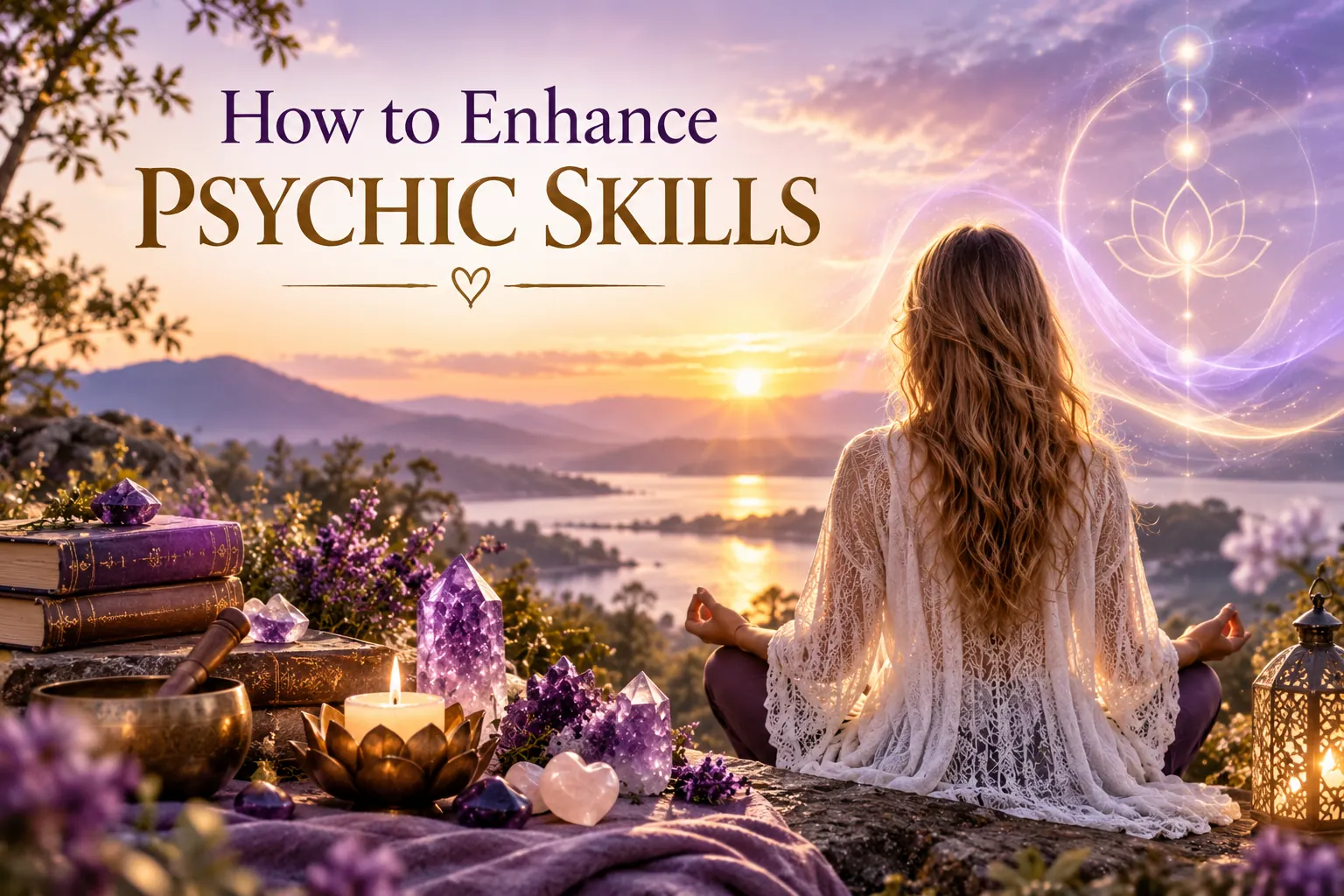 Woman meditating with crystals at sunset while developing psychic skills and intuition