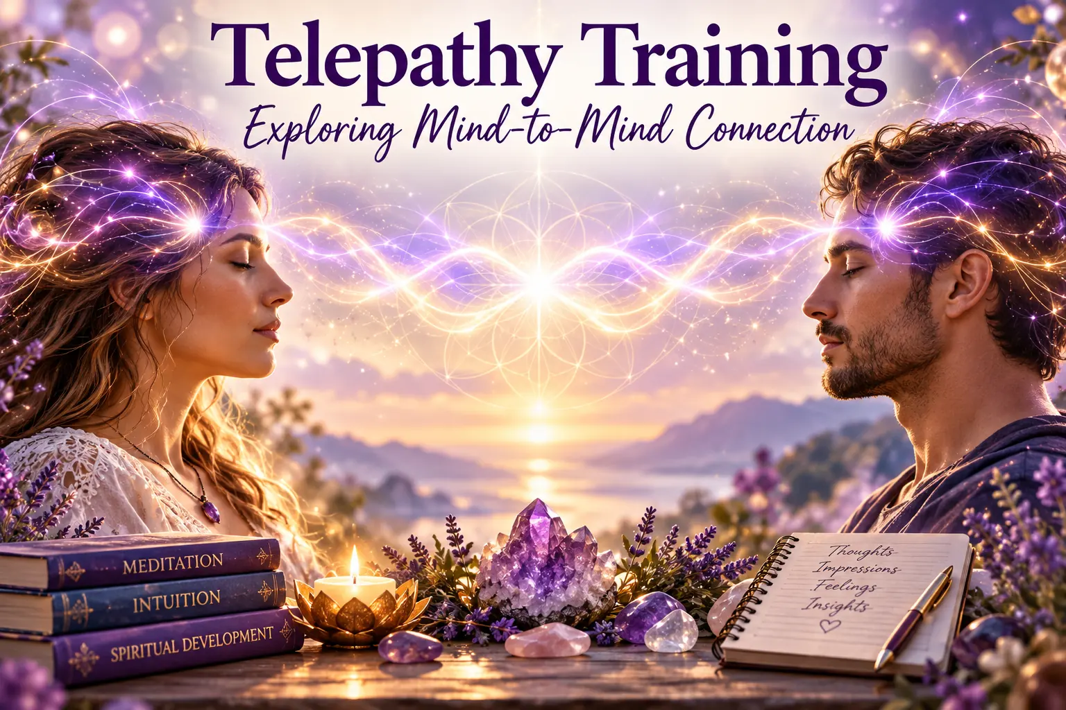 Woman and man exploring telepathy and mind-to-mind connection through meditation and intuition