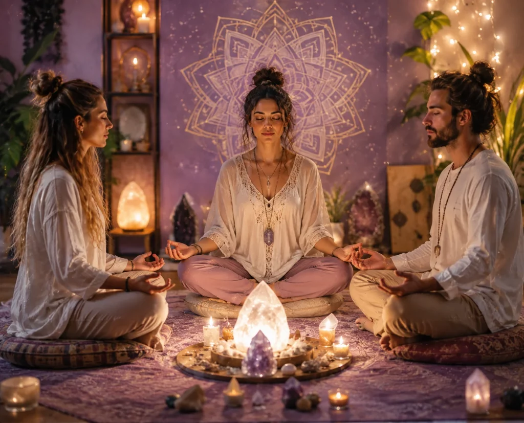 Three people meditating together during a psychic development circle, strengthening intuition and enhancing psychic skills through guided spiritual practice.
