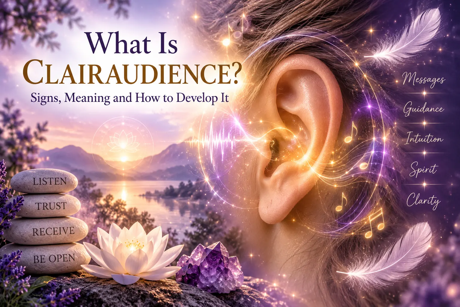 Ear surrounded by sound waves and spiritual symbols representing clairaudience and intuitive hearing