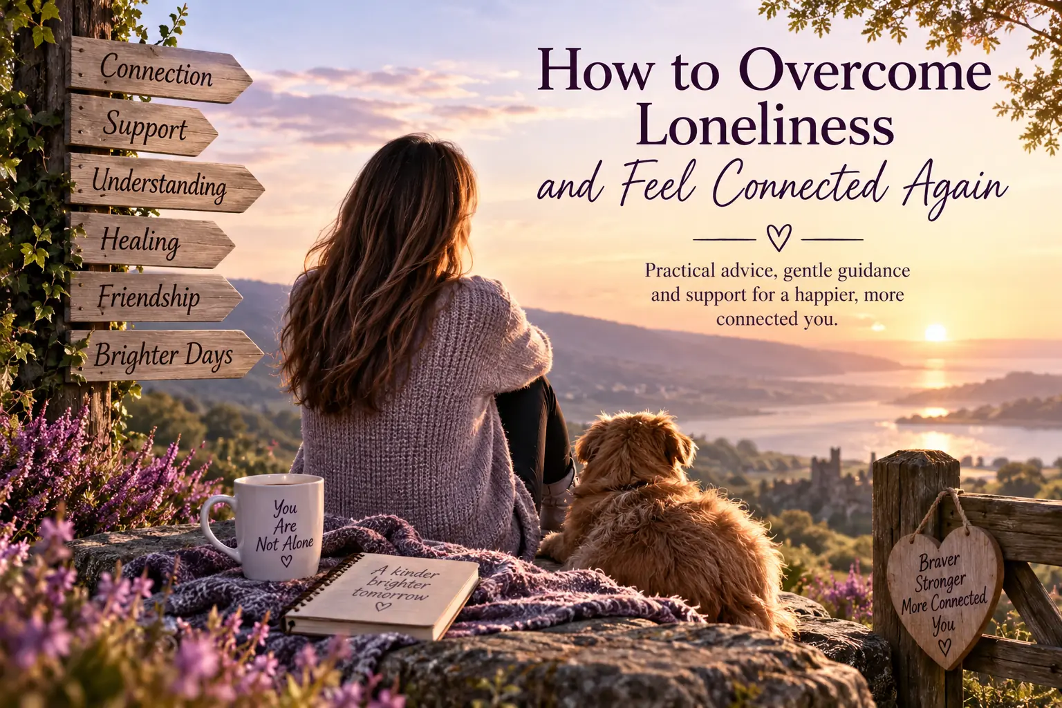 Woman sitting with her dog at sunset, reflecting on overcoming loneliness and finding connection