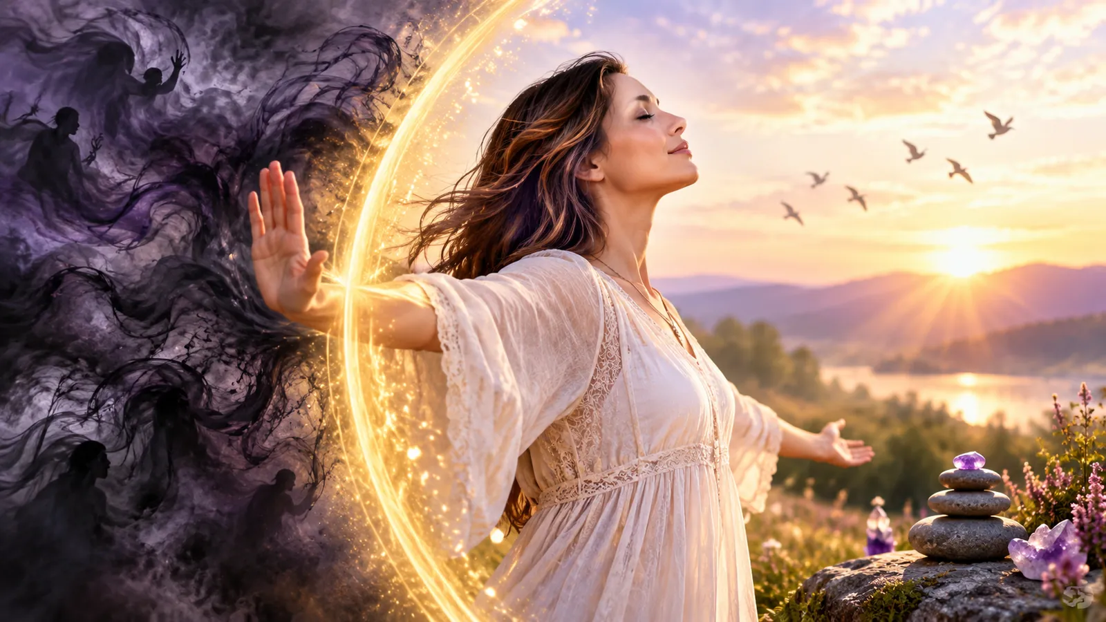 Woman releasing negative energy and moving towards light, peace and positive energy