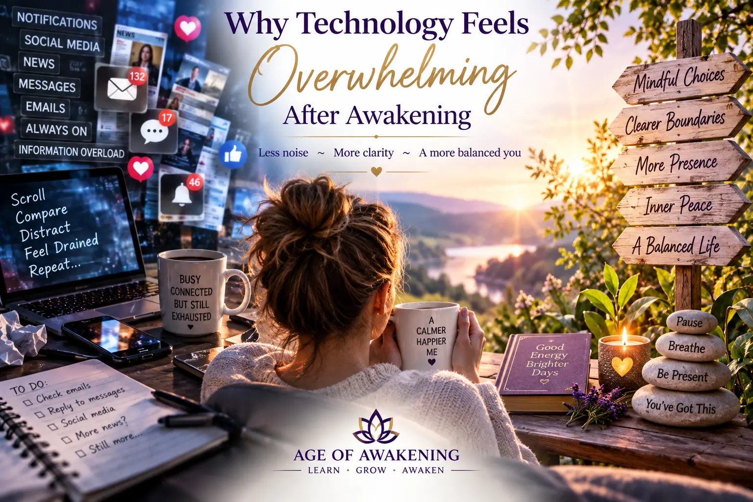 Technology after spiritual awakening showing digital overwhelm contrasted with calm, nature and mindful boundaries