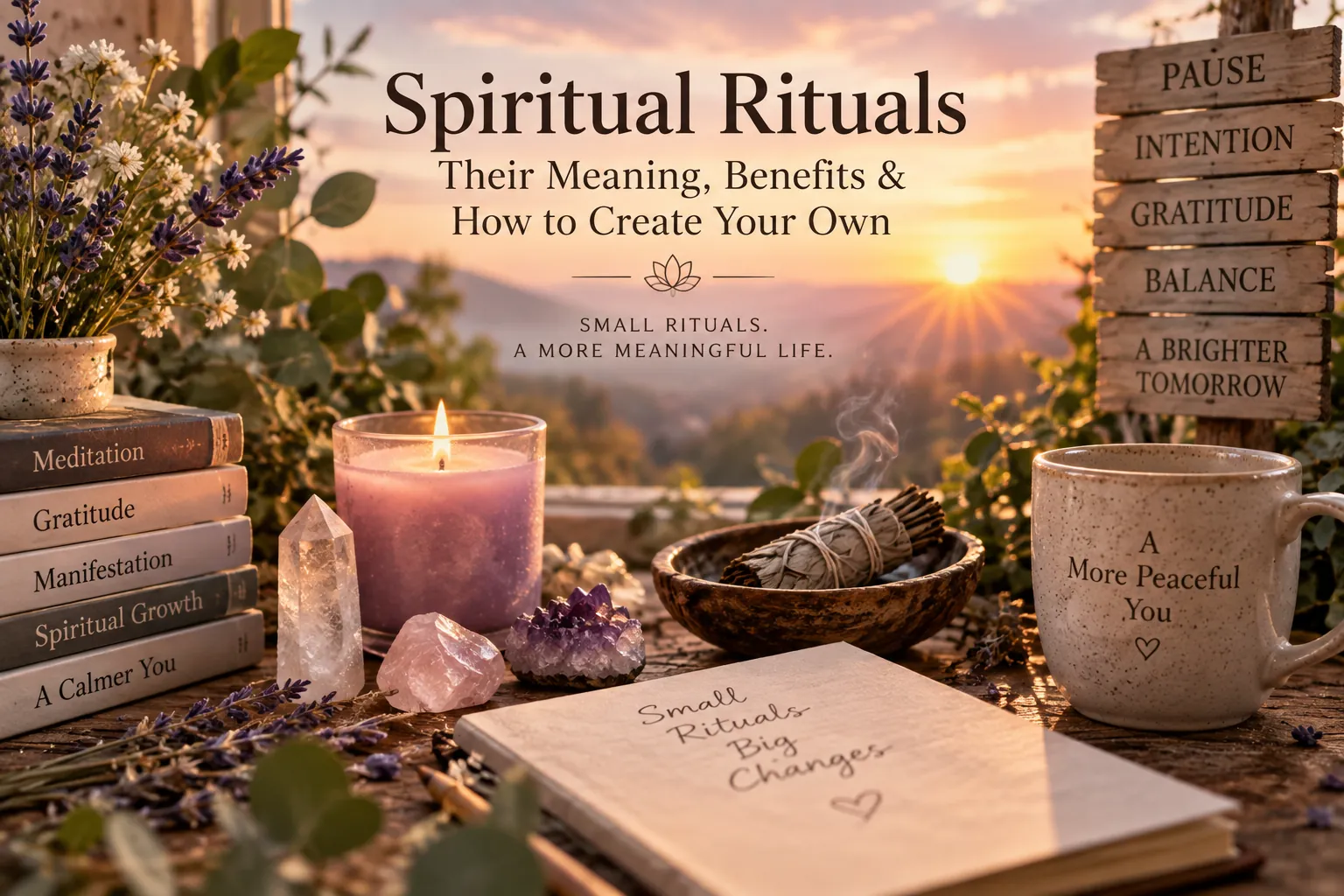 Spiritual rituals with candle, crystals, journal and meditation items representing intention, gratitude and spiritual growth