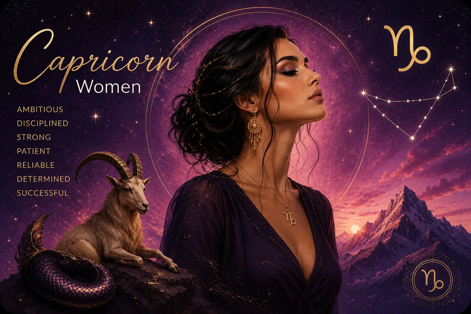 Capricorn woman with Capricorn zodiac symbol, constellation and sea-goat representing strength, ambition and determination