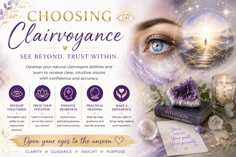 Choosing Clairvoyance course at Age of Awakening featuring a symbolic spiritual eye, crystals, candlelight and a pathway of light representing the development of clairvoyant abilities, intuition and spiritual awareness.