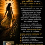 Back cover of Out of the Shadows by Nikki Laycy, featuring a woman walking towards golden light, inspirational book description and author photograph.