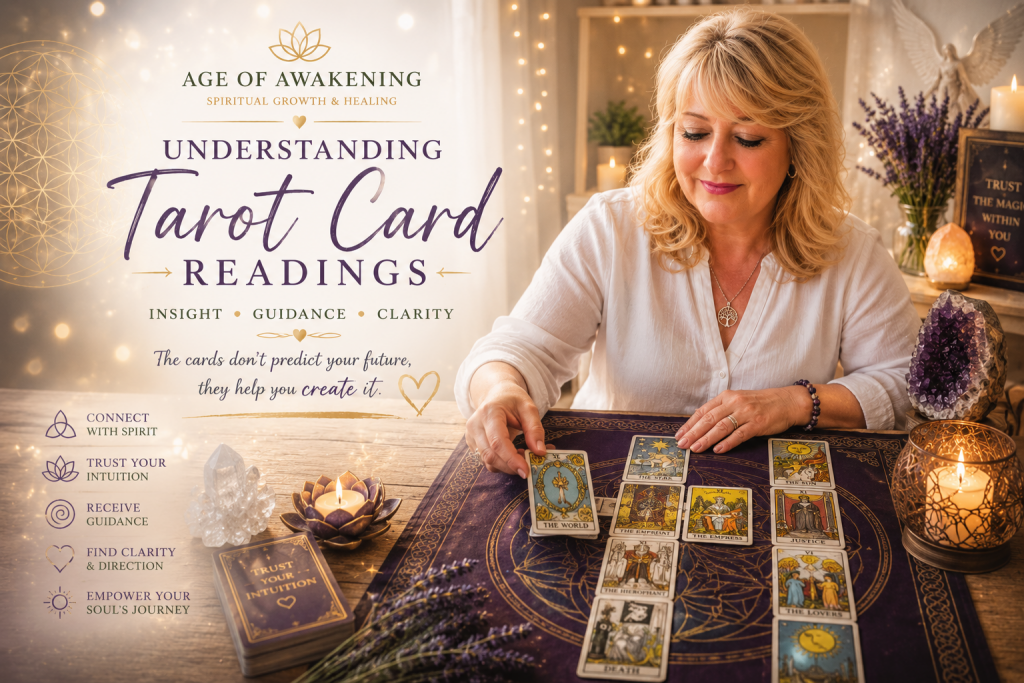 Nikki Laycy performing a Celtic Cross Tarot reading at Age of Awakening, laying Tarot cards for intuitive guidance, spiritual insight and personal development.
