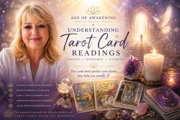 Nikki Laycy from Age of Awakening providing a spiritual Tarot card reading with crystals, candles and Tarot cards, offering intuitive guidance and spiritual insight.