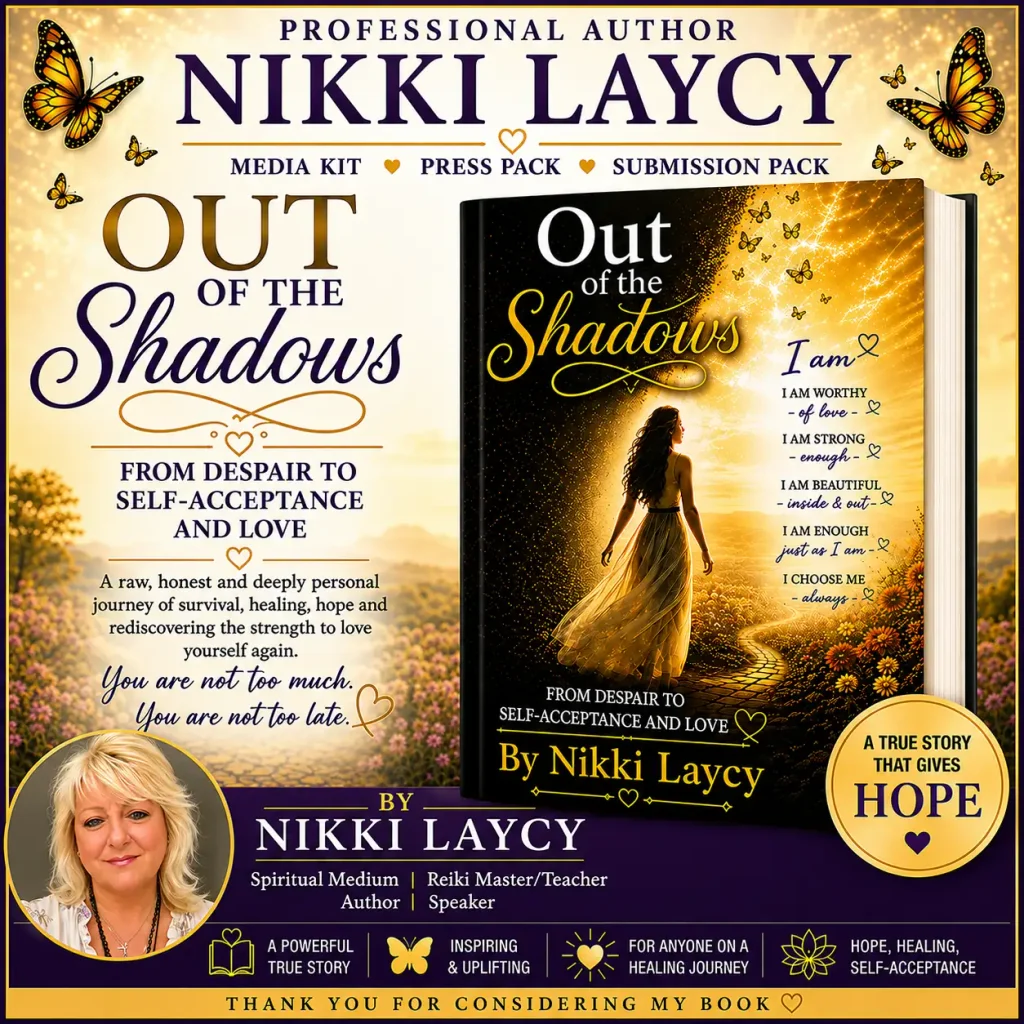 Nikki Laycy author media kit for Out of the Shadows: From Despair to Self-Acceptance and Love, featuring the book cover, author portrait and themes of healing, hope and self-acceptance.