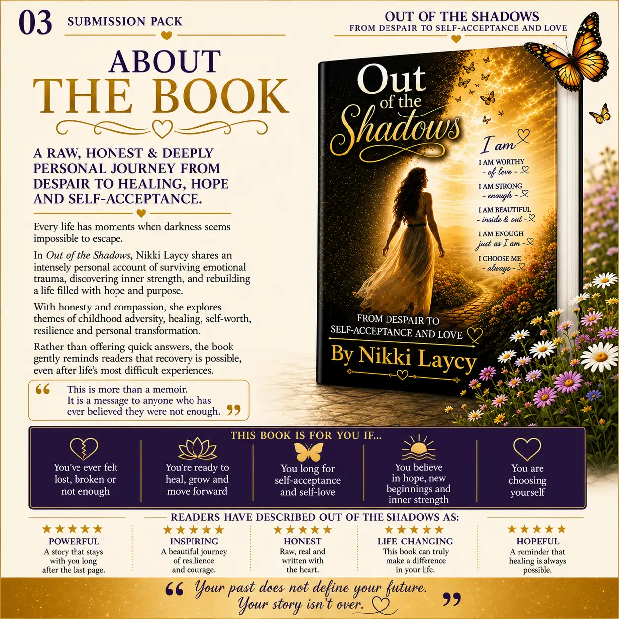 Nikki Laycy Out of the Shadows media pack page featuring the book cover, memoir themes of healing, hope, self-acceptance and personal transformation.