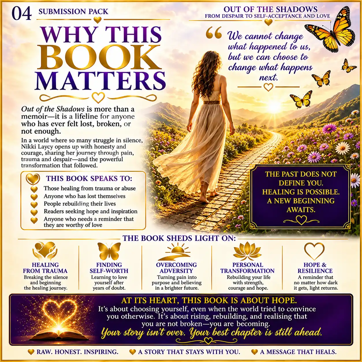 Why This Book Matters – Out of the Shadows by Nikki Laycy, an inspiring memoir about healing from trauma, self-worth, resilience, hope and personal transformation.