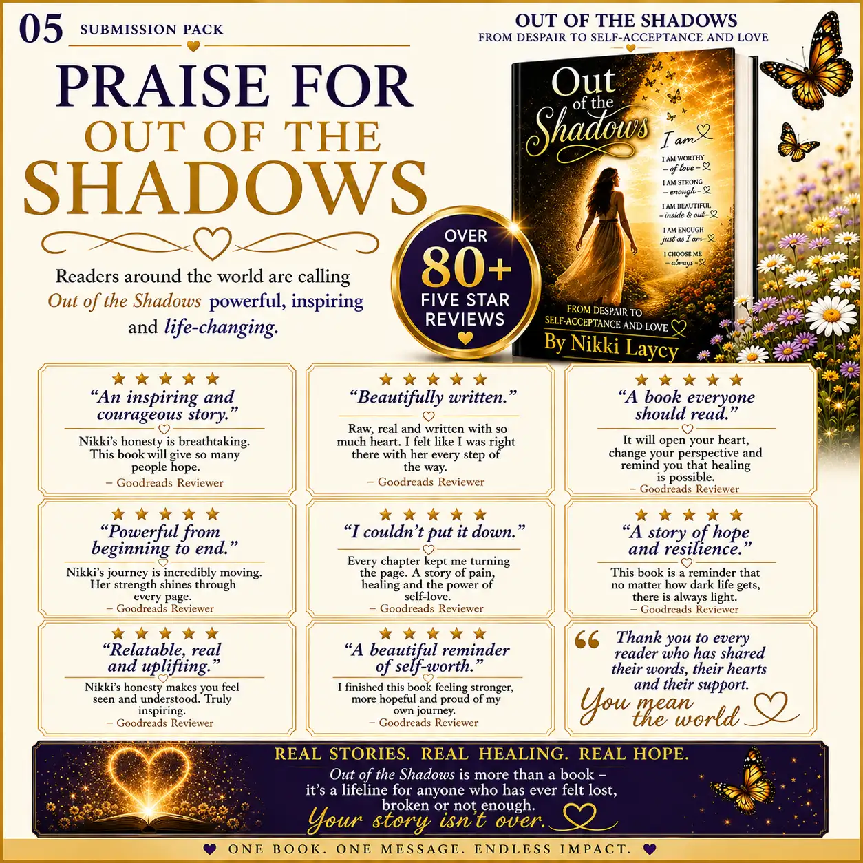 Praise for Out of the Shadows by Nikki Laycy, celebrating over 80 five-star reviews for the inspiring memoir about healing, hope, resilience and self-acceptance.
