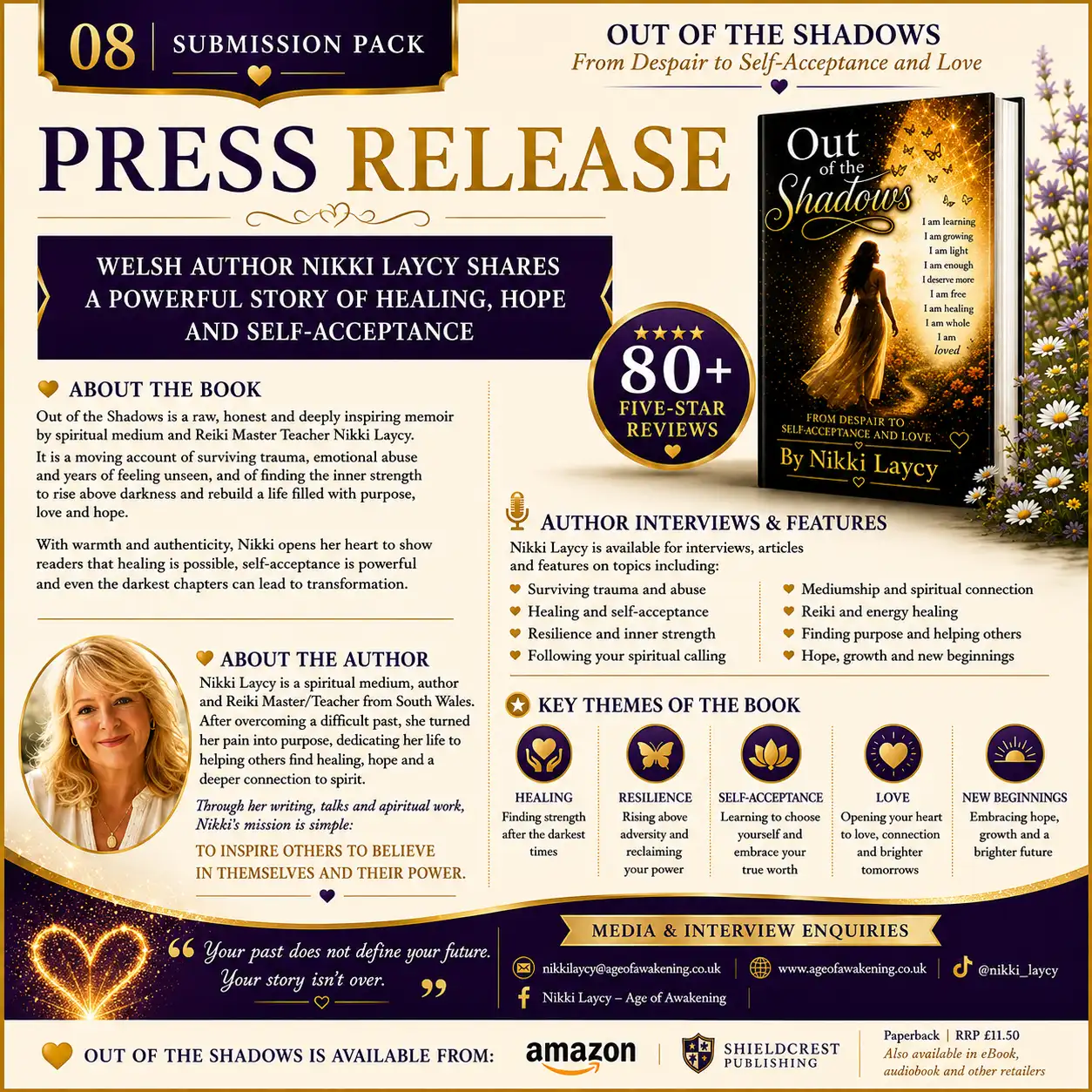 Press release for Out of the Shadows by Welsh author Nikki Laycy, exploring healing, resilience, self-acceptance and hope, with over 80 five-star reviews.