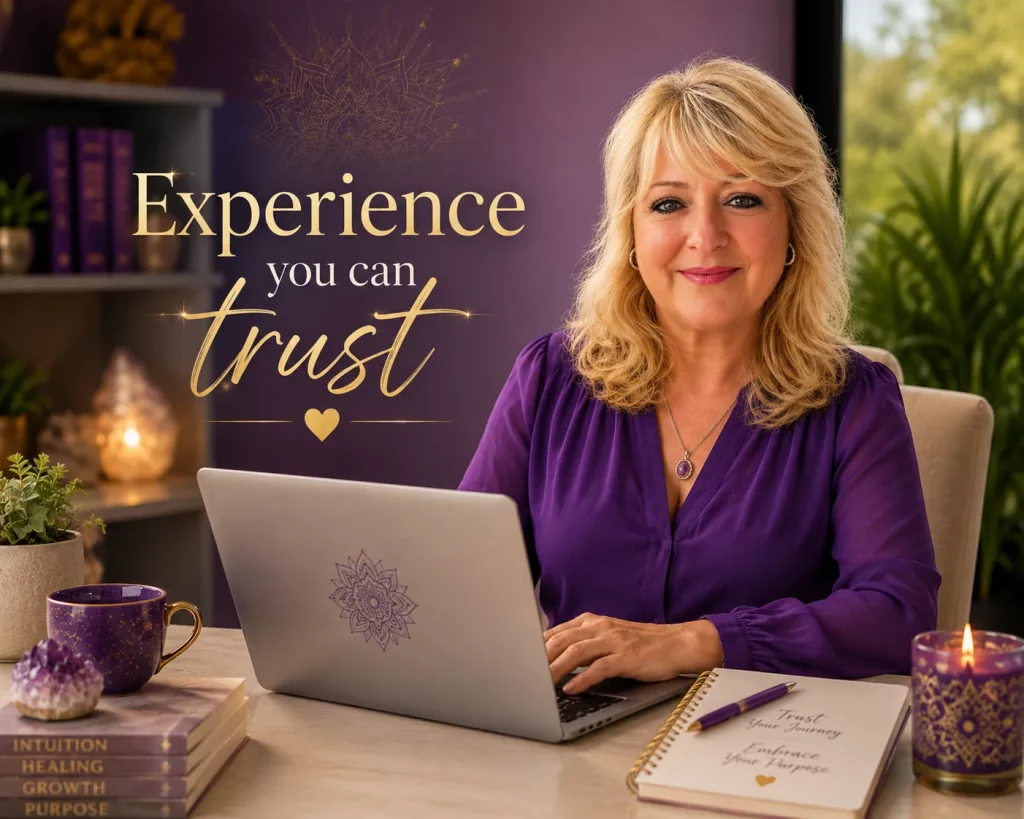 Nikki Laycy working at a laptop, founder of Age of Awakening, offering trusted spiritual guidance and online spiritual development courses.