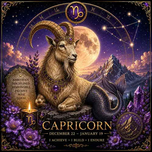 Capricorn zodiac sign illustration featuring a mountain goat, Capricorn symbol, moon, mountains and celestial details