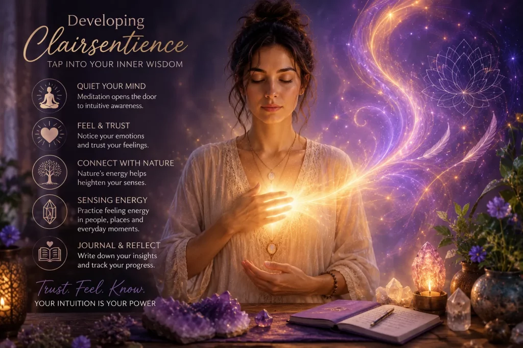 Woman practising clairsentience through meditation, learning to trust intuitive feelings and strengthen psychic awareness with spiritual energy.