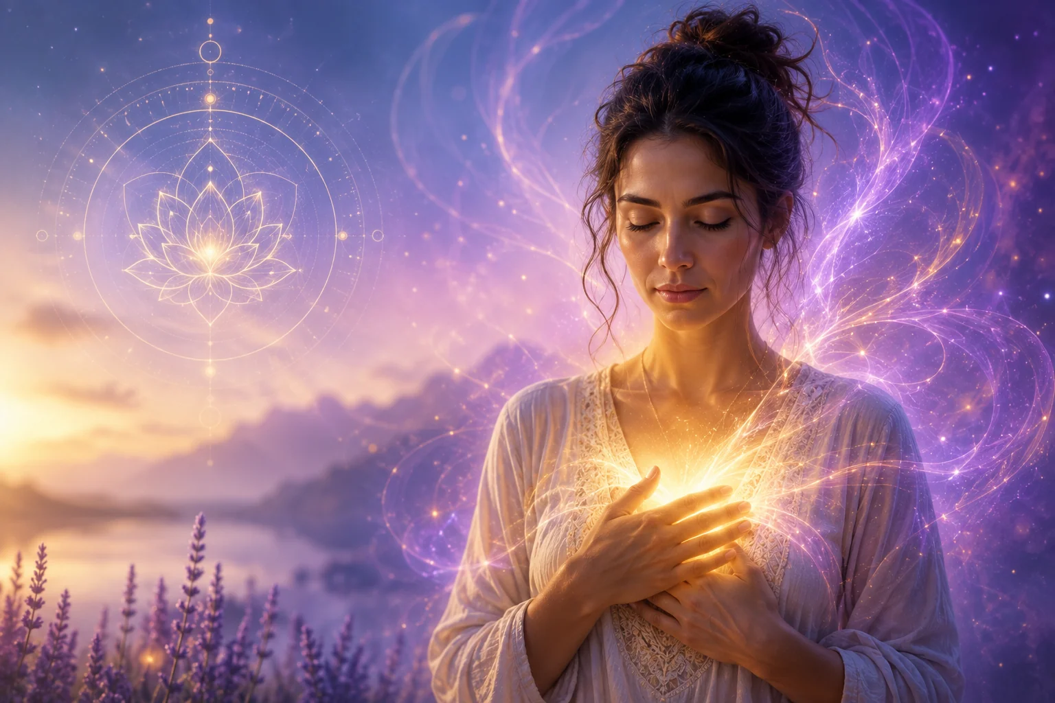 Woman developing clairsentience through meditation, strengthening intuition and connecting with spiritual energy in a peaceful setting.