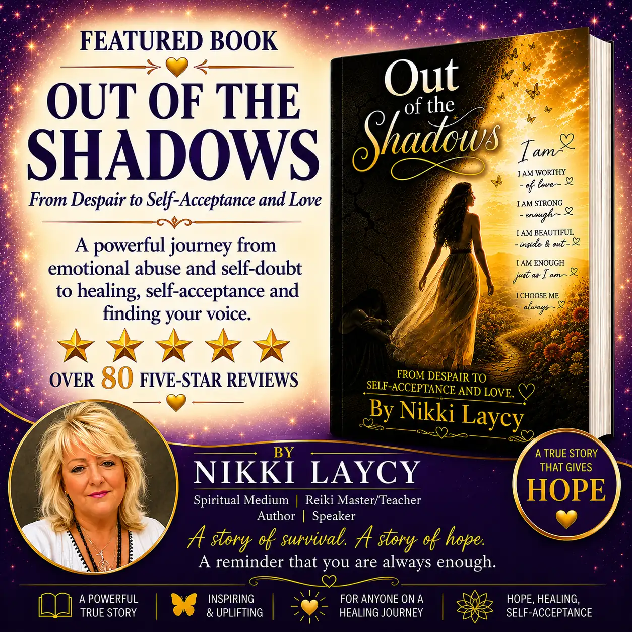 Out of the Shadows by Nikki Laycy featured book graphic highlighting over 80 five-star reviews and a journey of healing, self-acceptance and hope.