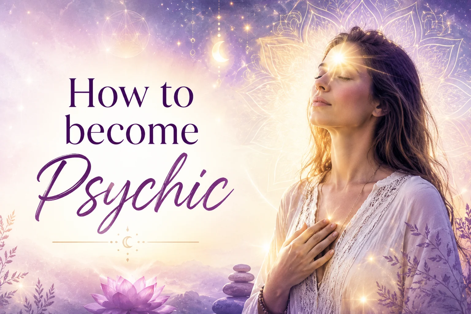 Woman developing psychic abilities through meditation with spiritual light, third eye awakening and intuitive energy in a peaceful cosmic setting.