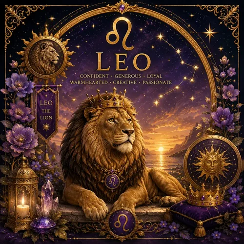 Leo zodiac sign illustration featuring a lion, Leo symbol, crown, sun and celestial details