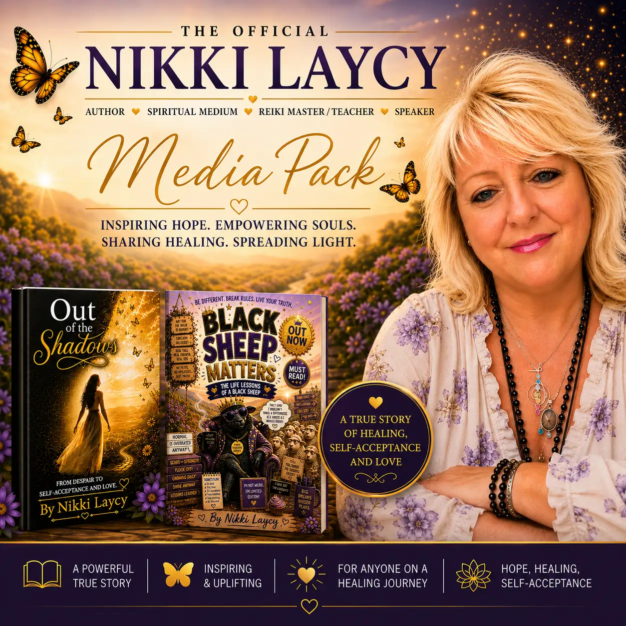 Nikki Laycy media pack featuring author portrait and books Out of the Shadows and Black Sheep Matters, highlighting healing, hope and self-acceptance.