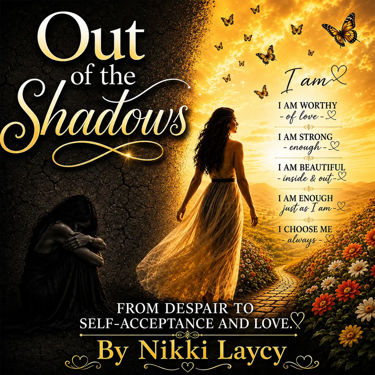 Out of the Shadows by Nikki Laycy, an inspiring memoir about healing, self-acceptance, resilience, hope and moving from despair towards a brighter future.