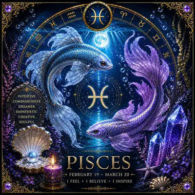 Pisces zodiac sign illustration featuring two fish, Pisces symbol, moon, stars and celestial ocean details