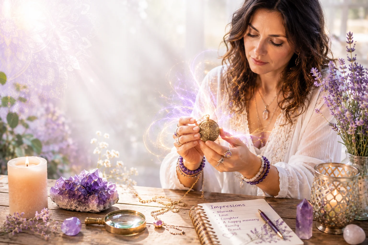 Woman practising psychometry by holding a pendant, reading its energy and developing psychic abilities through intuitive object reading.