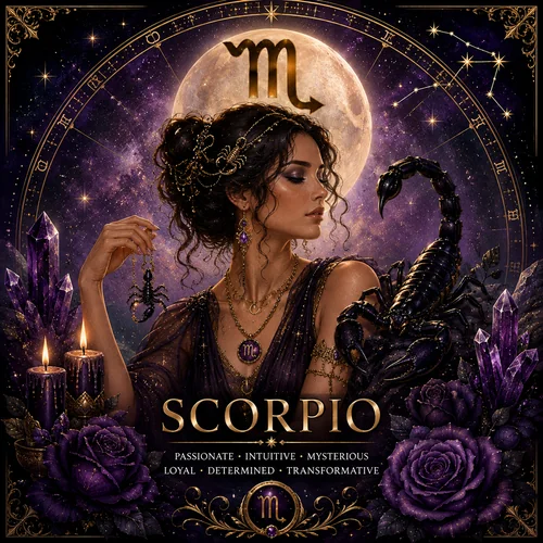 Scorpio zodiac sign illustration featuring a woman, scorpion, Scorpio symbol, moon and celestial details