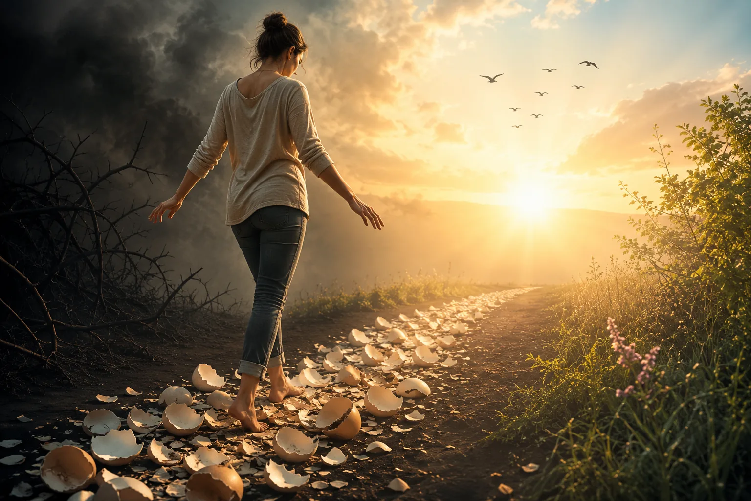 Woman carefully walking over broken eggshells from darkness towards light, symbolising walking on eggshells in a relationship and finding freedom.