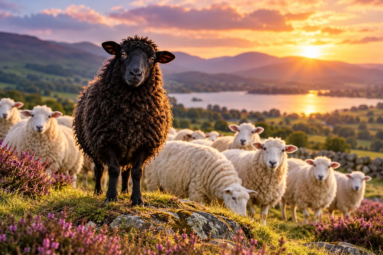 A black sheep standing confidently apart from a flock of white sheep in the countryside at sunset, symbolising individuality and belonging.