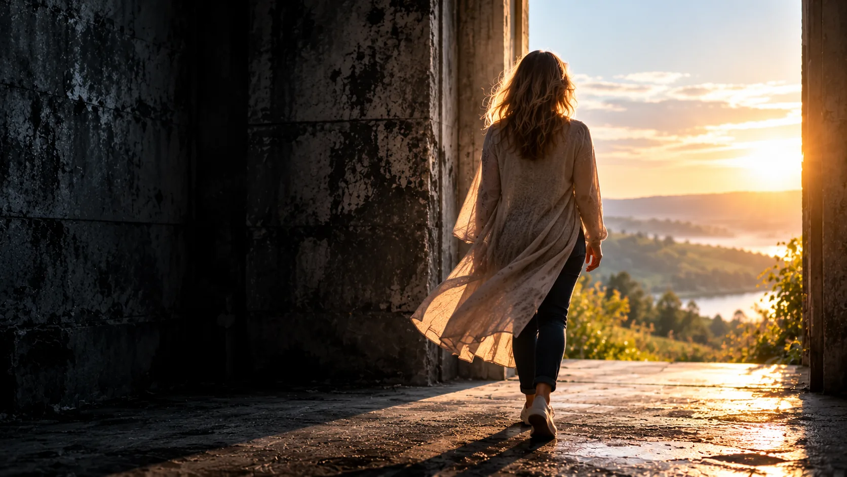 Woman walking out of a dark passage into warm sunlight, symbolising healing after emotional abuse, renewed confidence and hope.